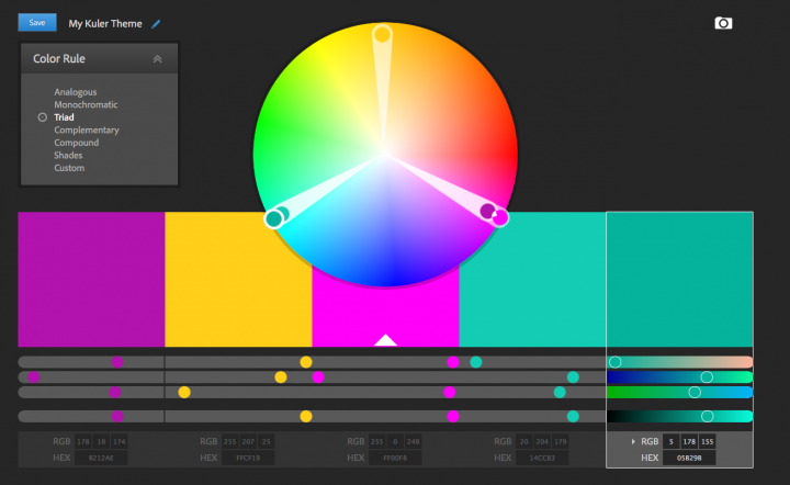 A triadic color scheme on Adobe Kuler's website. Try making your own!